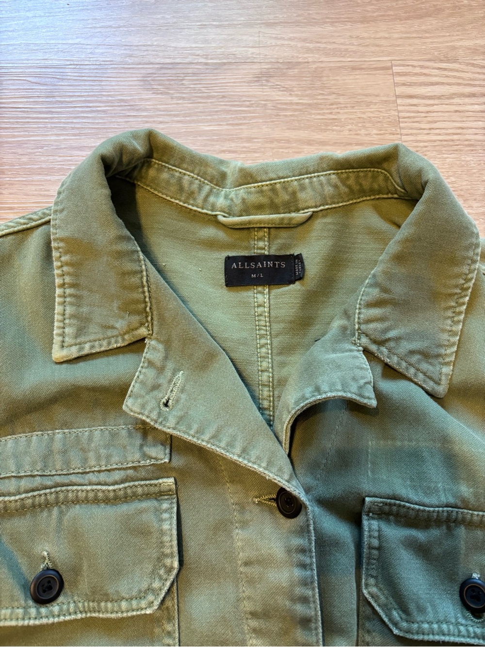 AllSaints Women’s M/L Morten Mixed Media Denim Army Jacket Khaki Green Gray - Picture 4 of 11
